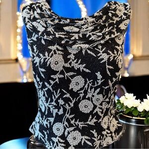💟 Elegant Black and White Floral Beaded Blouse